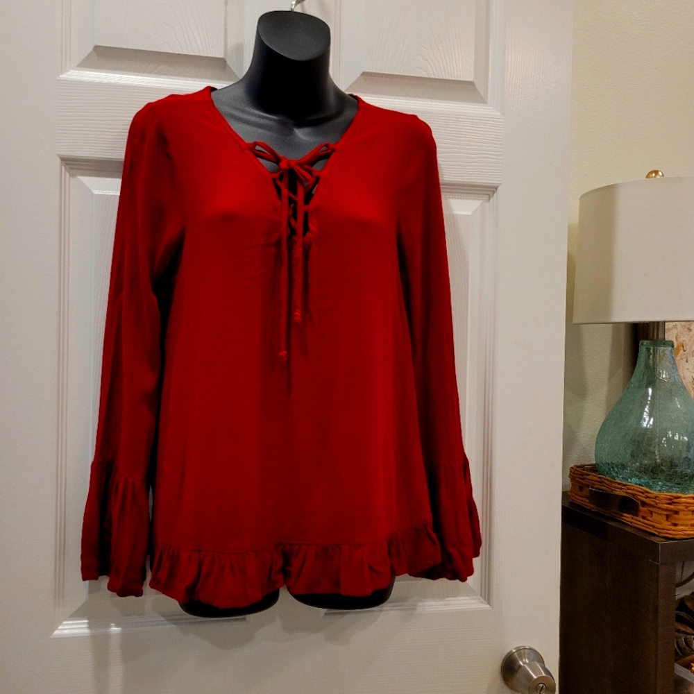 Altar'd State lace-up blood red blouse with ruffled hem & cuffs size S